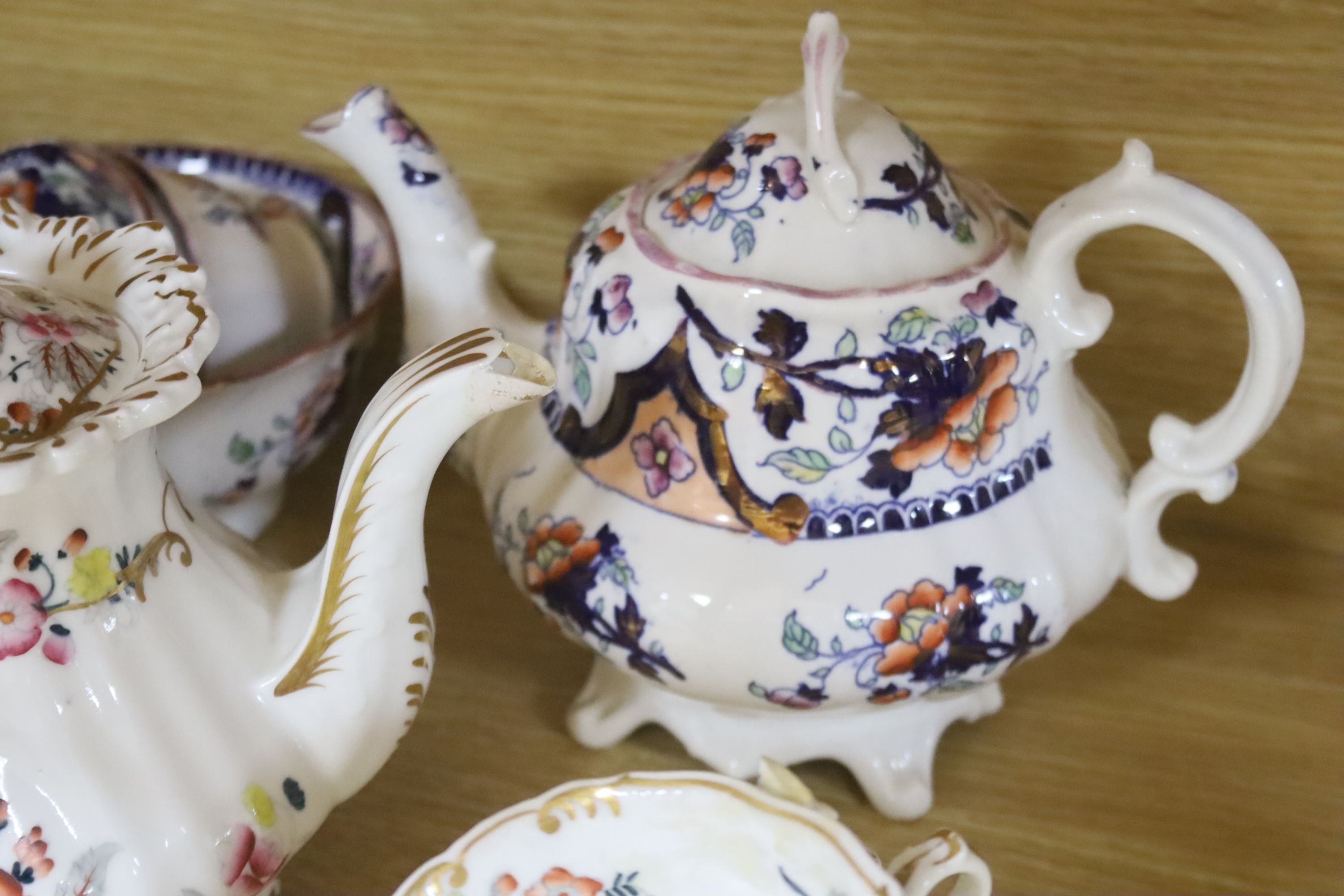 Two Victorian bone china part teasets, a covered tureen and matching meat plate